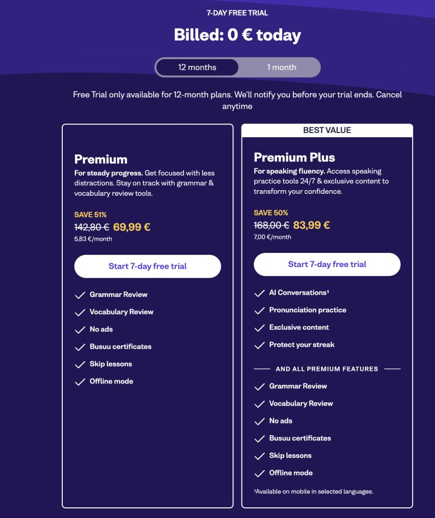 Capture d'écran des options d'abonnement à Busuu, montrant les prix et les caractéristiques des plans Premium et Premium Plus.