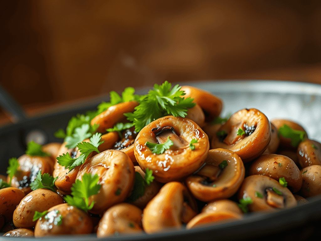 Une poêlée de champignons cèpes et bolets cuisinés avec des herbes fraîches et assaisonnés, présentés dans une poêle.