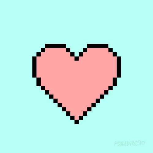 Animation d'un cœur en pixel art sur un fond turquoise.