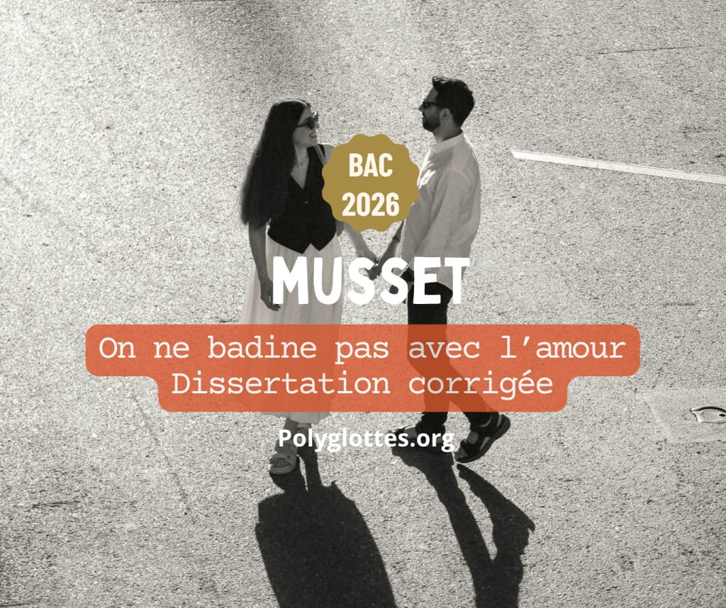 Deux personnes se tenant par la main sur une route, avec des textes sur Musset et une dissertation académique en surimpression.