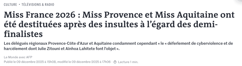 Titre d'article sur la destitution de Miss Provence et Miss Aquitaine en raison d'insultes envers des demi-finalistes.