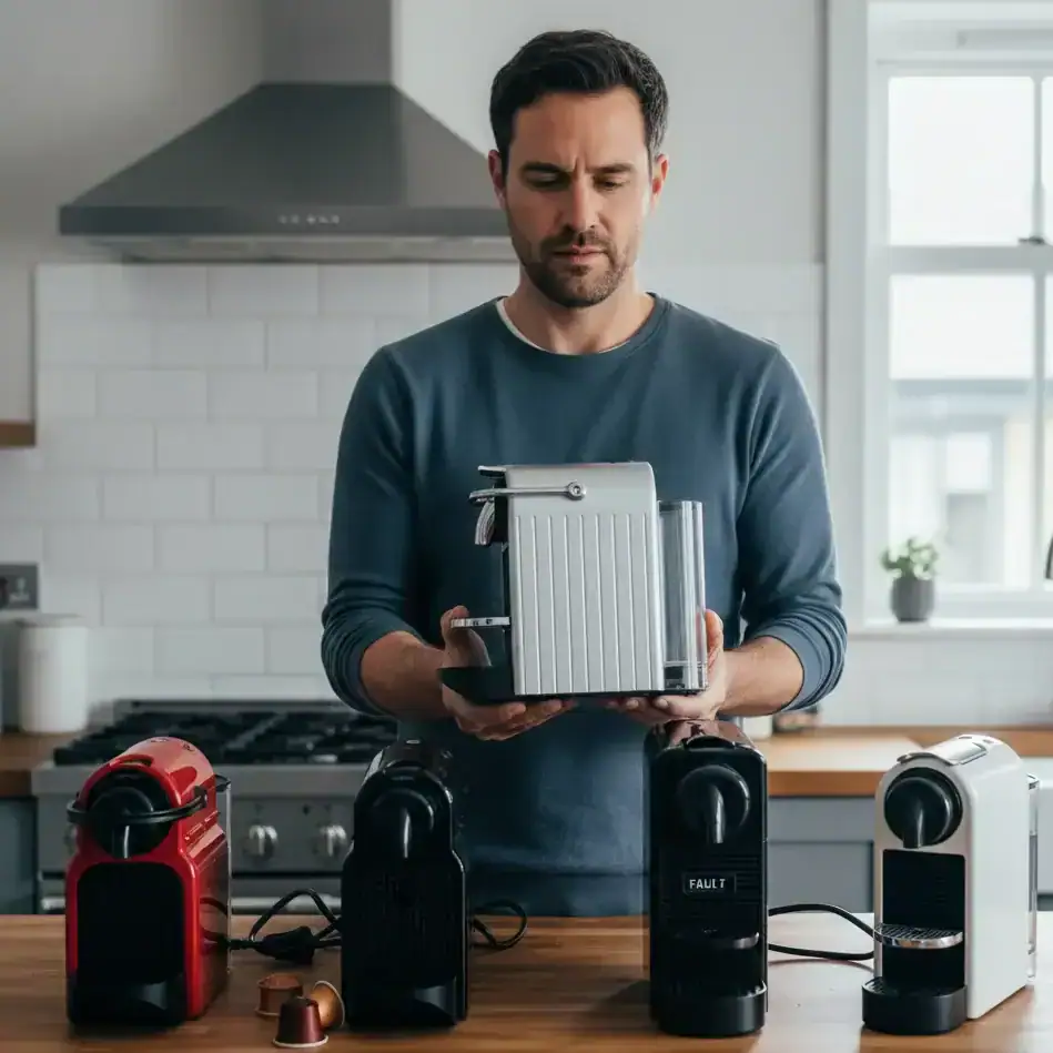 obsolescence programmée Un homme examine une machine à café Nespresso grillée, entourée de plusieurs autres machines de la même marque, dans une cuisine lumineuse.