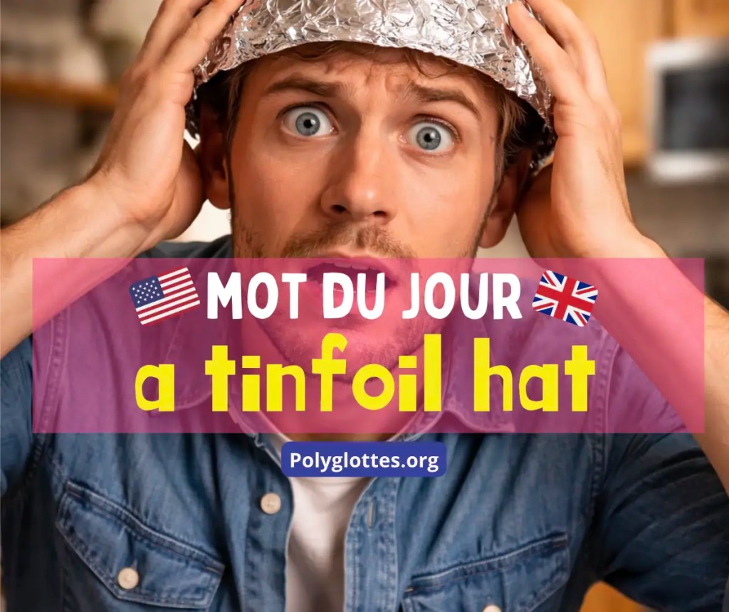 Un homme portant un chapeau en papier d'aluminium avec une expression surprise, accompagné du texte 'Mot du jour: a tinfoil hat' en plusieurs langues.