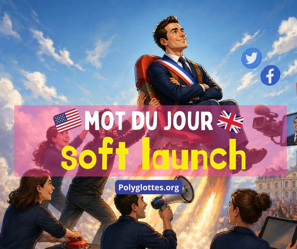 Une illustration colorée montrant un homme souriant avec un costume, assis sur un propulseur, tandis que des personnes l'entourent, célébrant le lancement d'un projet. Le texte 'Mot du jour: soft launch' est affiché en grandes lettres, avec des icônes de réseaux sociaux.