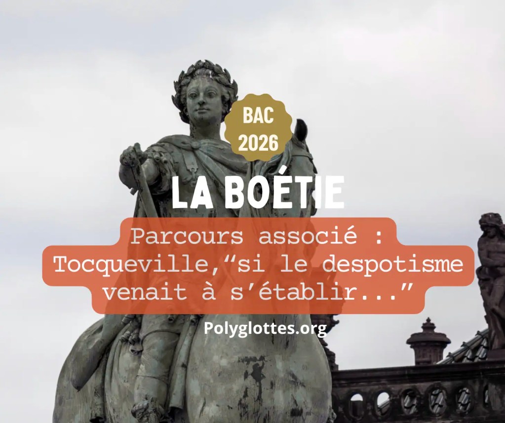 Image d'une statue équestre avec un texte superposé concernant le Bac 2026 et le thème de La Boétie.